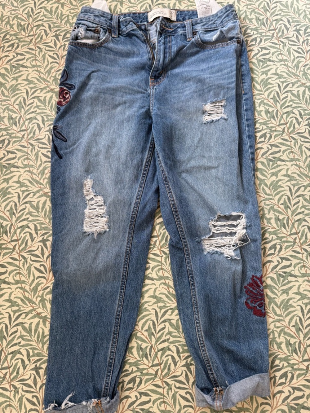 Abercrombie & Fitch Distressed Boyfriend Jeans with Red Floral Embroidery